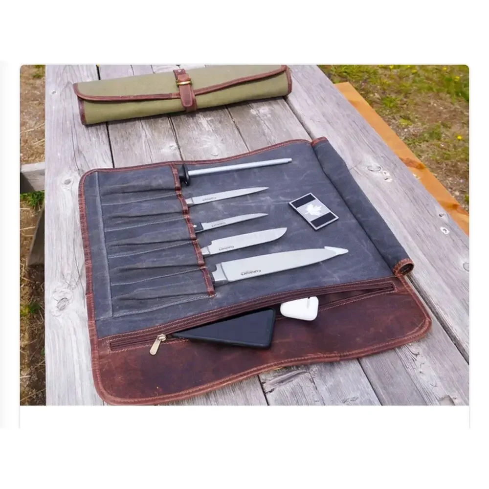 NEW Knife Roll Company Iris‎ Leather Chef Knife Roll Stress Grey 5 Slot